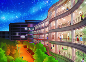 手绘城市素材灯光夜景宿舍楼