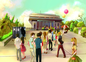 手绘城市南湖会堂素材美景