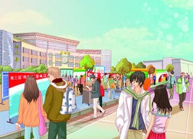 手绘城市美景素材、逸夫楼美景