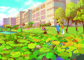 夏季荷花盛开、情人约会手绘美景