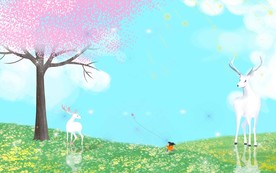 唯美手绘风景画麋鹿壁画图片