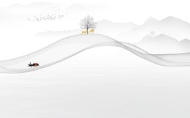 新中式麋鹿线条发财树轻舟背景墙