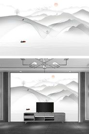 新中式简约飘带麋鹿轻舟背景墙