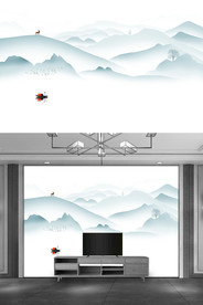 新中式现代简约山水麋鹿轻舟背景