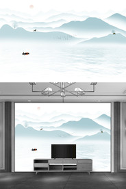 新中式现代简约山水麋鹿背景墙