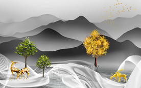 麋鹿山水画灰色画 TIF分层