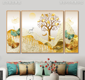 新中式发财树风景客厅装饰画