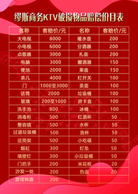 商务KTV 破损物品赔偿价目表