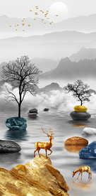 石来运转金色山水装饰画玄关