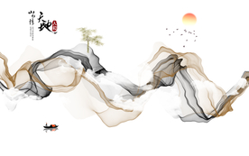 抽像线条创意水墨山水背景装饰画