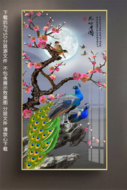 原创夜色美景孔雀玄关装饰画背景