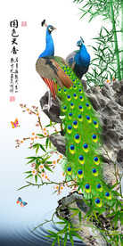 原创孔雀中式玄关背景墙