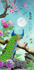 原创花好月圆孔雀玄关背景墙