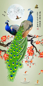原创花鸟中国风中式孔雀玄关壁画