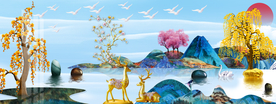 石来运转抽象山水麋鹿发财树