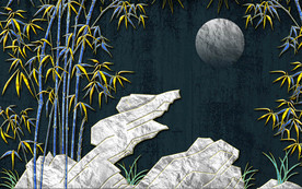 金色浮雕线描山水电视背景墙