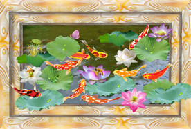 原创荷花鲤鱼地板装饰画