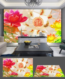 中式富贵精美玉雕荷花背景墙