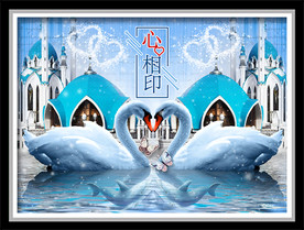 心心相印蓝色城堡天鹅湖装饰画