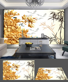 3D中式牡丹木雕古风背景墙