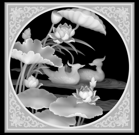 荷花鸳鸯戏水灰度图