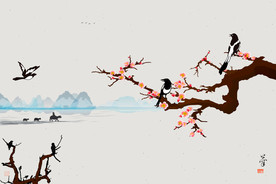 水墨山水画喜上眉梢