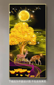 原创玄关梅花鹿发财树装饰画