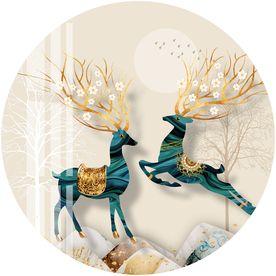 福禄生财山水麋鹿圆形装饰画