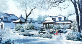 中式别墅雪景效果图