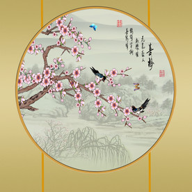 原创手绘梅花喜鹊圆型装饰画