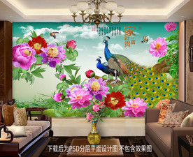 原创高清孔雀牡丹装饰画背景墙