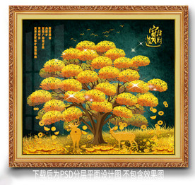 原创发财树梅花鹿装饰画