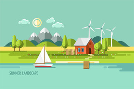 扁平风格湖边小屋自然风景插图