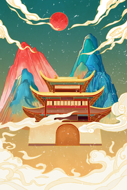手绘中国风山水建筑插画