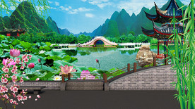 古代戏曲园林花园竹子小桥围栏