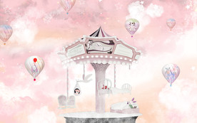 粉色云朵热气球儿童房背景墙