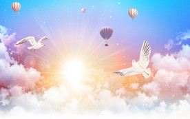 粉色热气球卡通儿童房背景墙