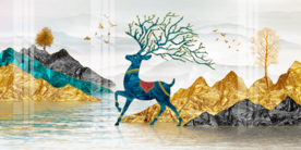 珐琅彩麋鹿发财树装饰画