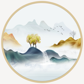 金色山水圆形挂画