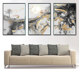 新中式烁金抽象麋鹿山水装饰画