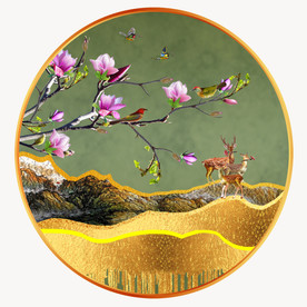 原创梅花鹿玉兰圆型装饰画