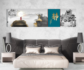 新中式金色水墨山水风景床头画