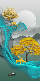 线条山水发财树麋鹿玄关画