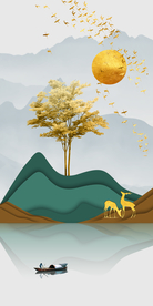 抽象金色山水发财树玄关晶瓷画