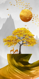 抽象金色山水发财树玄关晶瓷画