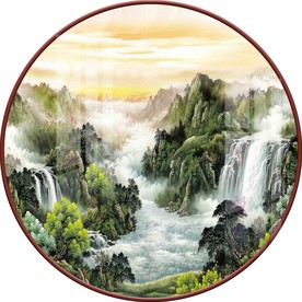 新中式意境山水圆形装饰画图片
