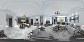 新中式客厅兼书法全景效果图