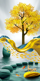 石来运转飘带山水发财树玄关