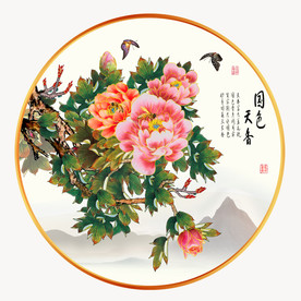 手绘牡丹圆型装饰画