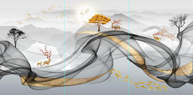 新中式抽象飘带山水麋鹿装饰画
